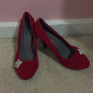 EUC Velvet Red Heels with Gem Accent
